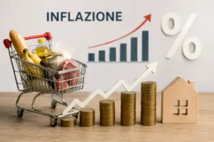Carrello della spesa pieno di alimentari accanto a pile crescenti di monete, una freccia in salita e la scritta Inflazione