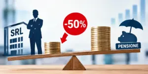 Bilancia in legno sbilanciata: poche monete accanto al simbolo di una SRL, molte piu' monete accanto al salvadanaio della pensione, con un segnale rosso meno 50%