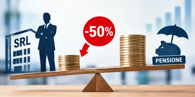 Bilancia in legno sbilanciata: poche monete accanto al simbolo di una SRL, molte piu' monete accanto al salvadanaio della pensione, con un segnale rosso meno 50%