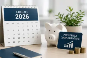 Calendario da tavolo aperto su luglio 2026 accanto a un salvadanaio bianco e a un cartellino Previdenza complementare con grafico in crescita