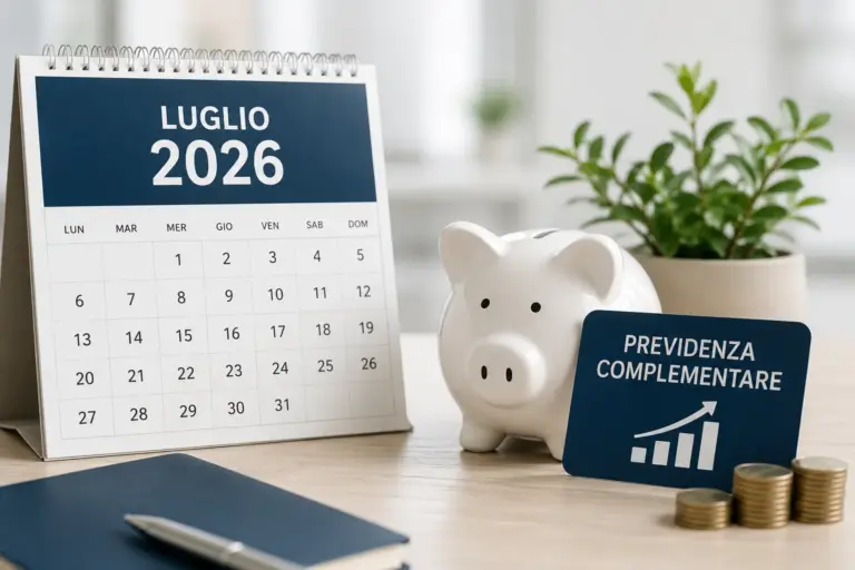 Calendario da tavolo aperto su luglio 2026 accanto a un salvadanaio bianco e a un cartellino Previdenza complementare con grafico in crescita