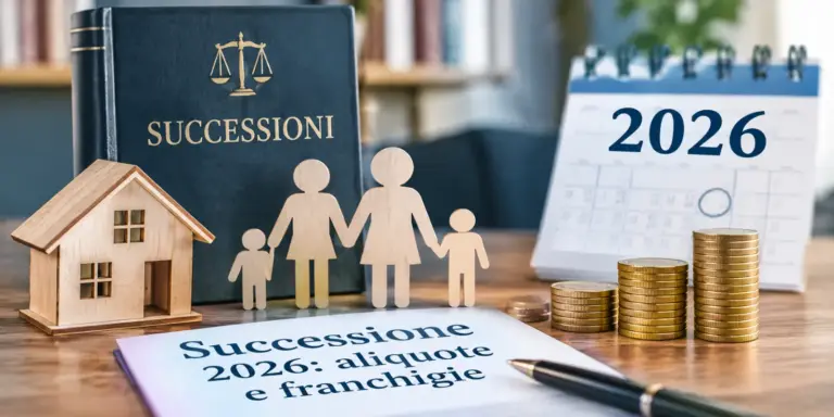 Libro delle successioni, casetta in legno, sagome di una famiglia, monete e calendario 2026 su una scrivania