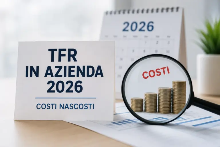 Cartello TFR in azienda 2026 costi nascosti accanto a una lente d'ingrandimento che ingrandisce pile di monete e la parola Costi, con un calendario 2026