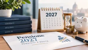Calendario 2027, libri su età pensionabile e contributi, salvadanaio, monete impilate e clessidra su una scrivania con foglio "Pensione 2027