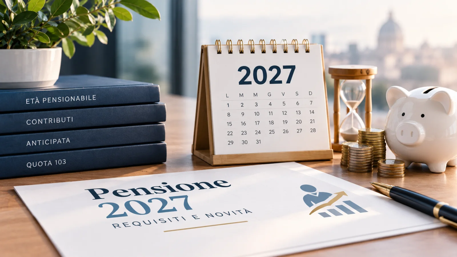Calendario 2027, libri su età pensionabile e contributi, salvadanaio, monete impilate e clessidra su una scrivania con foglio "Pensione 2027