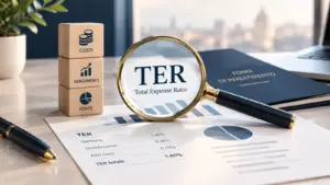 Lente d'ingrandimento su un foglio con voci di costo TER, cubi di legno "Costi Rendimenti Fondi" e cartella "Fondi di Investimento