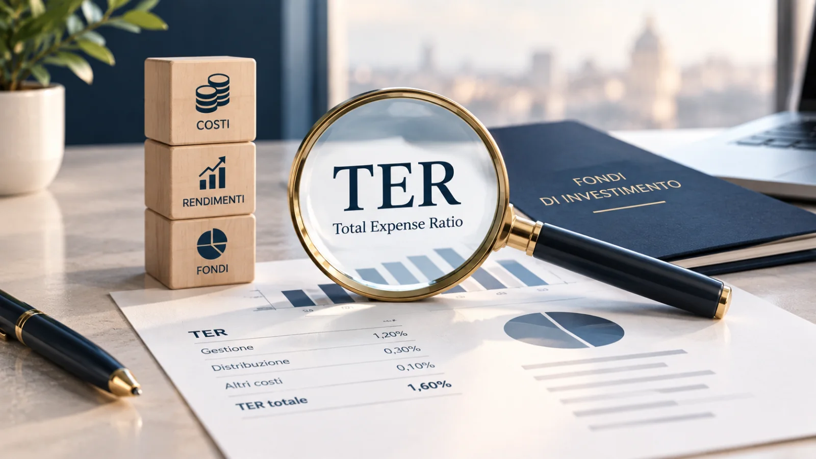 Lente d'ingrandimento su un foglio con voci di costo TER, cubi di legno "Costi Rendimenti Fondi" e cartella "Fondi di Investimento