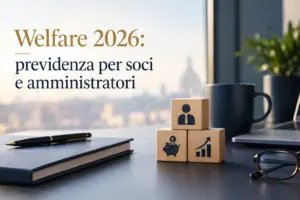 Cubi di legno con icone di persona, salvadanaio e grafico in crescita, penna e agenda su scrivania, scritta "Welfare 2026: previdenza per soci e amministratori