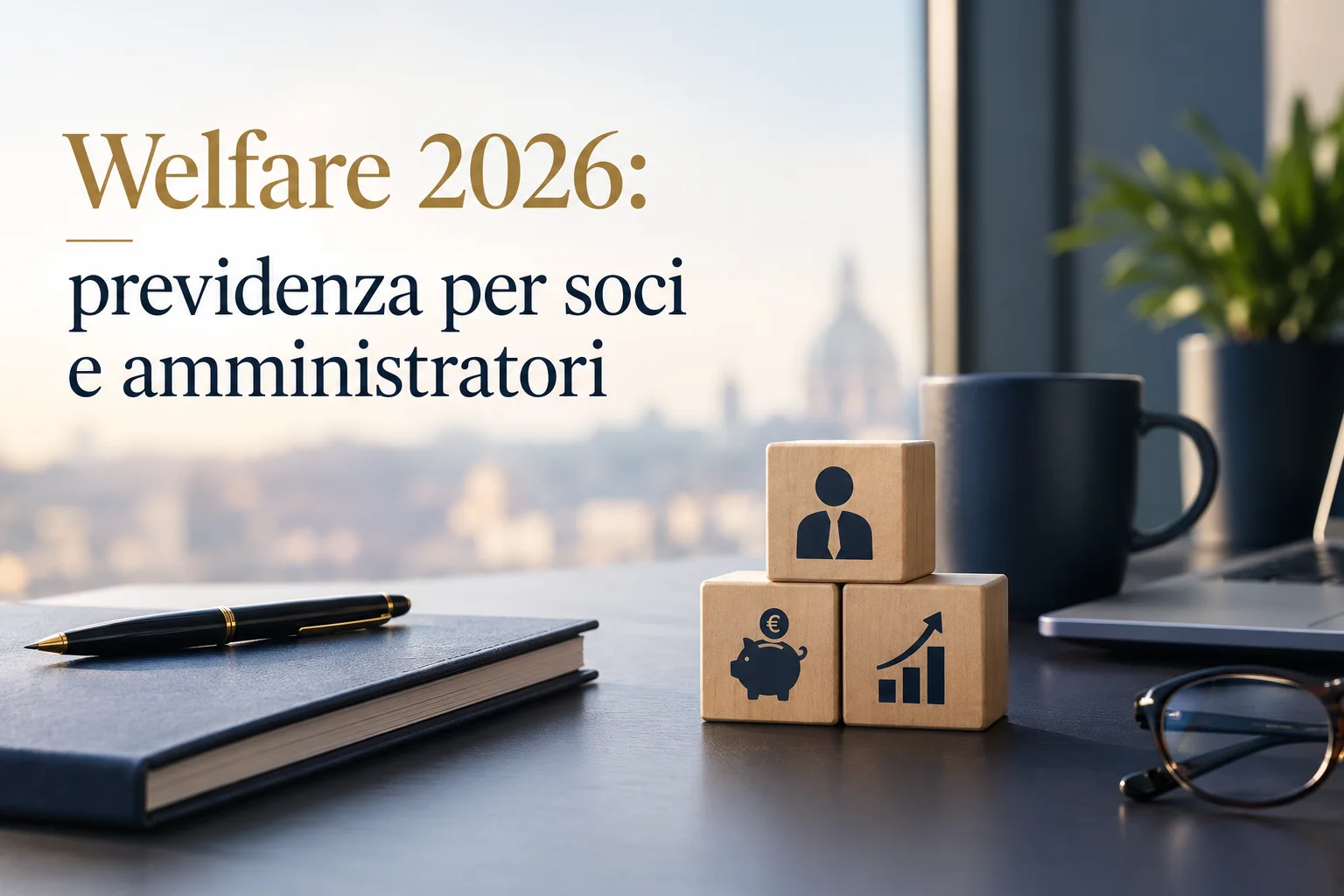 Cubi di legno con icone di persona, salvadanaio e grafico in crescita, penna e agenda su scrivania, scritta "Welfare 2026: previdenza per soci e amministratori